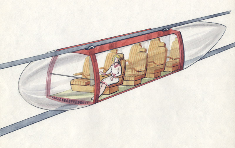 Anatoly Yunitskiy - sketch engineering design of a passenger capsule with vertical arrangement of rails