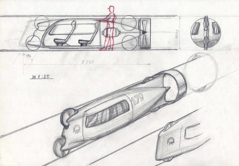 Anatoly Yunitskiy - sketch engineering design of a passenger capsule with a pusher propeller