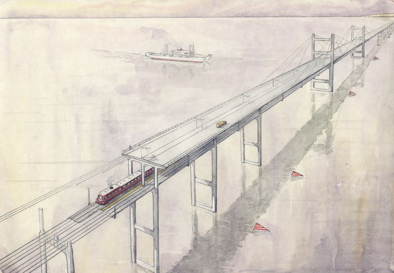Anatoly Yunitskiy has developed a concept of a combined string bridge for motorway (upper tier) and rail (lower tier) transport. The resource intensity (material consumption) of such bridge will be by 3-5 times less than in a traditional bridge. Such bridges will be by 3-5 times less costly and will be built by 2-3 times faster. To increase the length of central spans on the bridge, guy cables can additionally support them