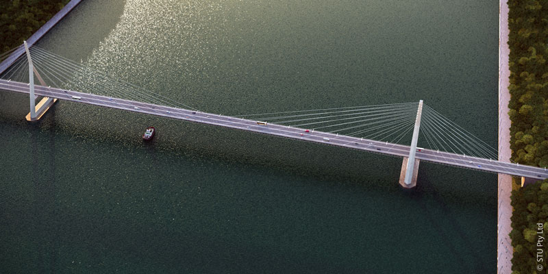 General views of a cable-stayed road bridge based on string technology