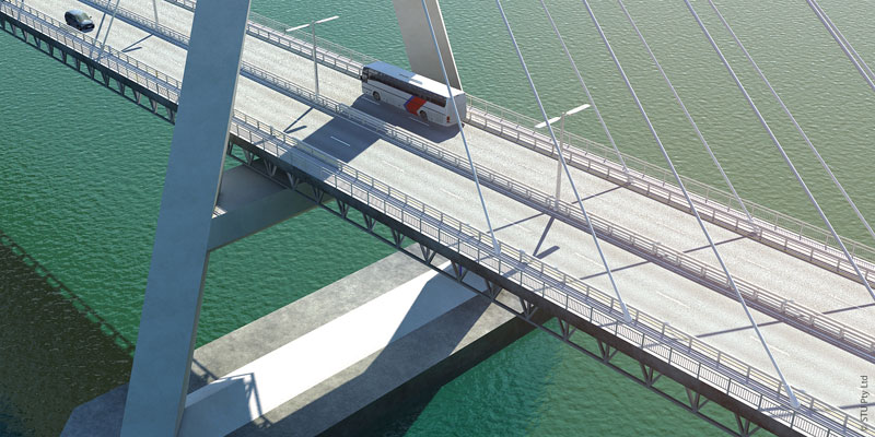 Cable-stayed road bridge based on string technologies