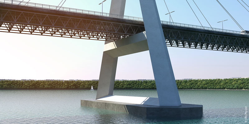 View of the longitudinal string trusses, on which the roadway of a cable-stayed bridge is located