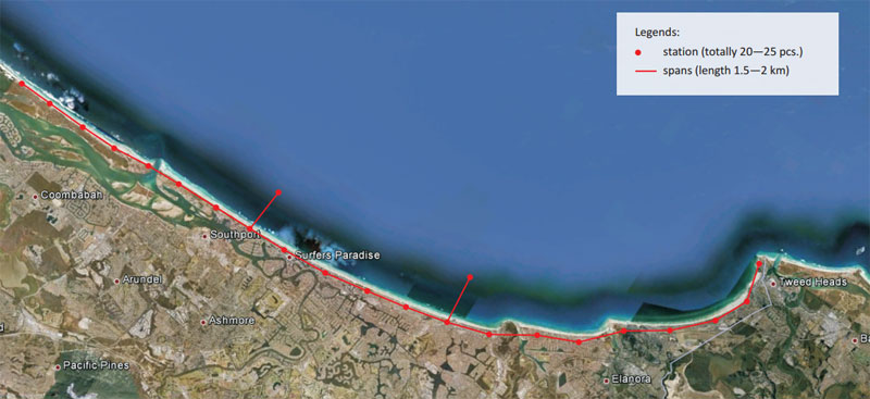 Golden Necklace of Gold Coast in Australia: The length of aerial string metro along Gold Coast is 40 km