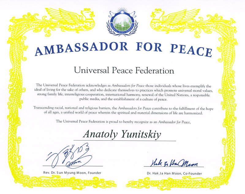Anatoly Yunitskiy is Ambassador for Peace