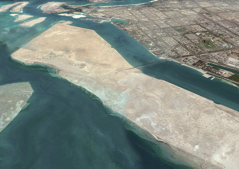 SkyWay Linear City in Abu Dhabi: Bird's eye view of Al Hudayriat Island (Google Earth), 2015.