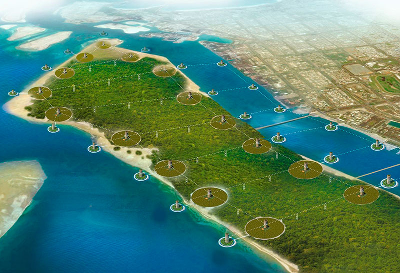 Линейный город SkyWay в Абу-Даби: Национальный парк на острове Al Hudayriat Island с Линейным городом SkyWay по периметру острова и шельфу моря