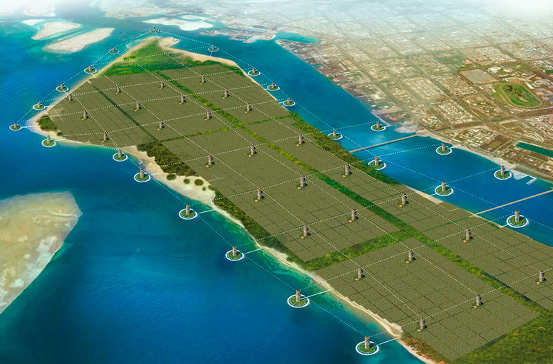 SkyWay Linear City in Abu Dhabi: Option 3: Cluster-type Ecocity on the Al Hudayriat Island with Skyway Linear City off the shore