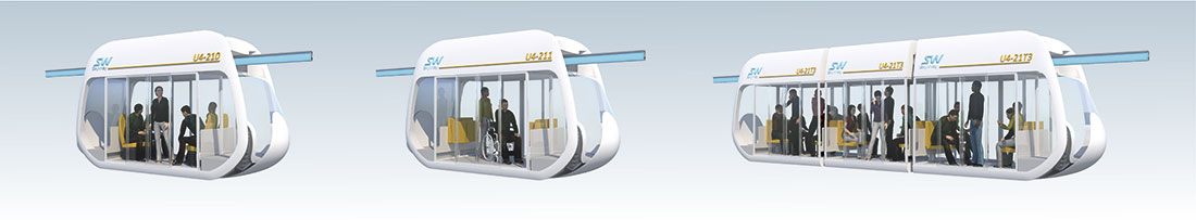 Model range of innovative urban passenger SkyWay vehicles - mid-sized monorail UniBuses
