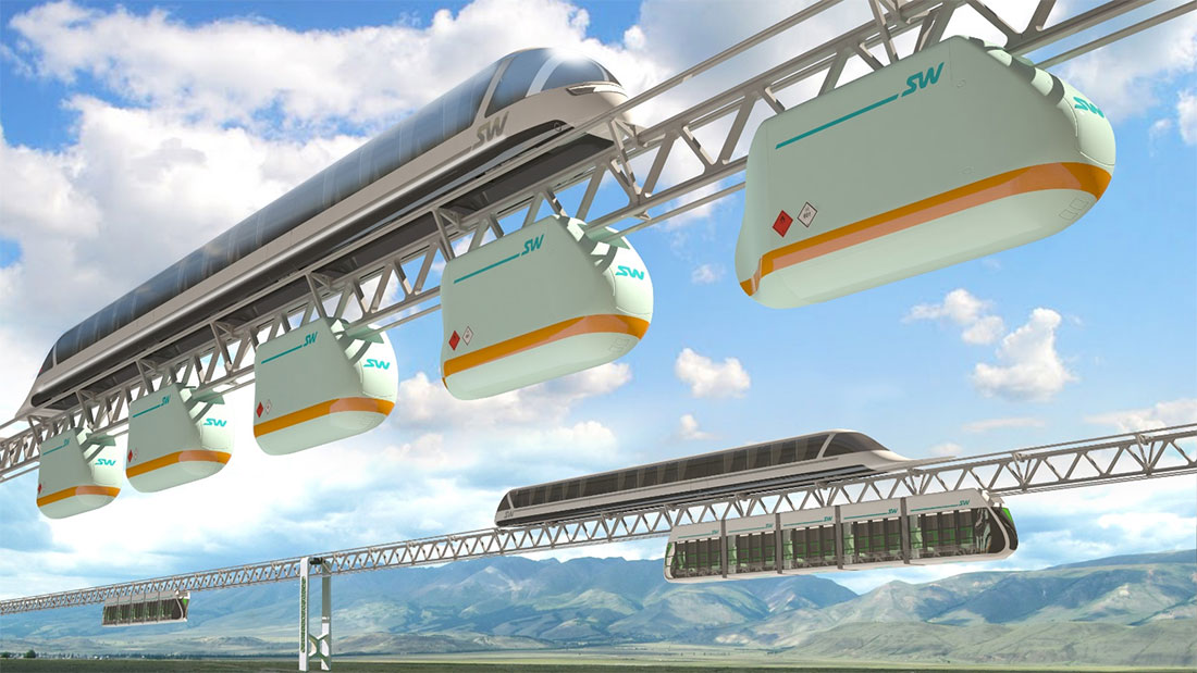 SkyWay overpass — cargo, high-speed and urban versions of rolling stock