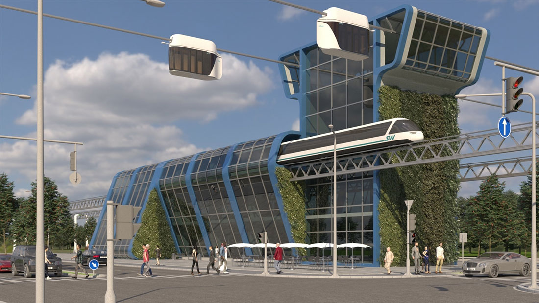 Transfer station between urban and high-speed SkyWay lines