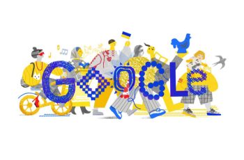 Ілюстрація Дудла, присвячена Дню Незалежності України, зображує рух українців уперед та символіку синьо-жовтого прапора.