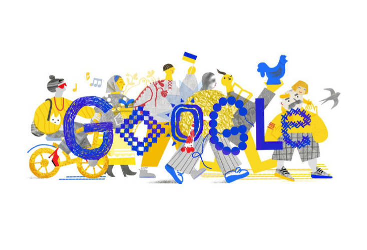Ілюстрація Дудла, присвячена Дню Незалежності України, зображує рух українців уперед та символіку синьо-жовтого прапора.