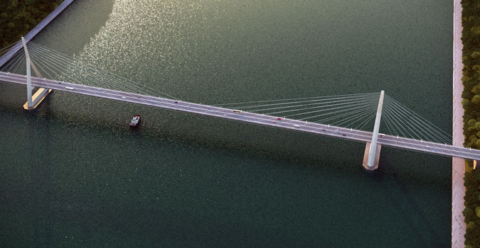Общий вид автодорожного моста вантового типа, построенного по струнным технологиям