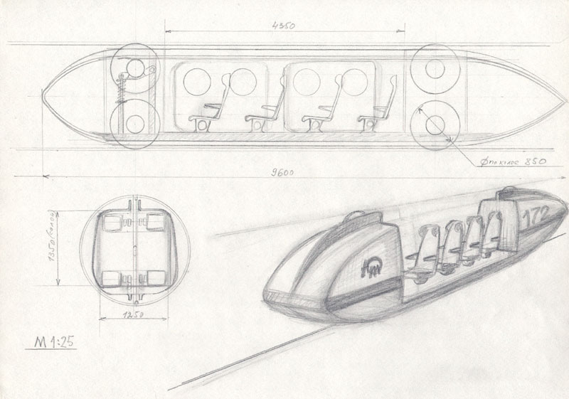 Anatoly Yunitskiy - sketch engineering design of a self-propelled passenger carriage