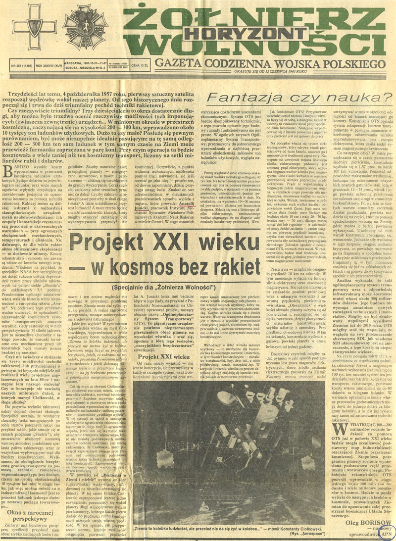 The Polish newspaper Zolnierz Wolnosci published an article Projekt XXI wieku - w kosmos bez rakiet describing the project of Anatoly Yunitskiy called General Planetary Vehicle