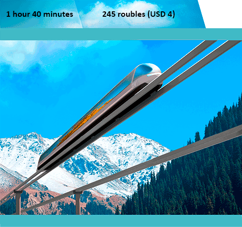 In string transport, such ride will take 1 hour and 40 minutes (average speed of 390 km/h) at the net cost of 245 roubles (USD 4) for the delivery of a passenger