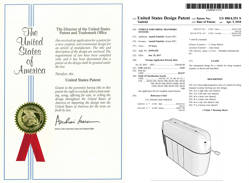 Director of the United States Patent and Trademark Office has issued design patent No. US D814,351 S for vehicle for String Transport Systems to the inventor Anatoly Yunitskiy