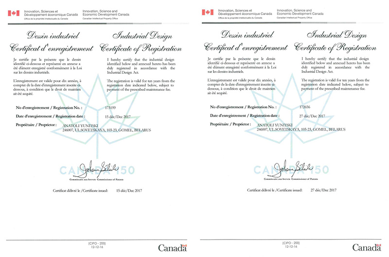 Canadian Intellectual Property Office has issued industrial design certificates of registration No. 173199 and No. 172656 for transport module to Anatoly Yunitskiy